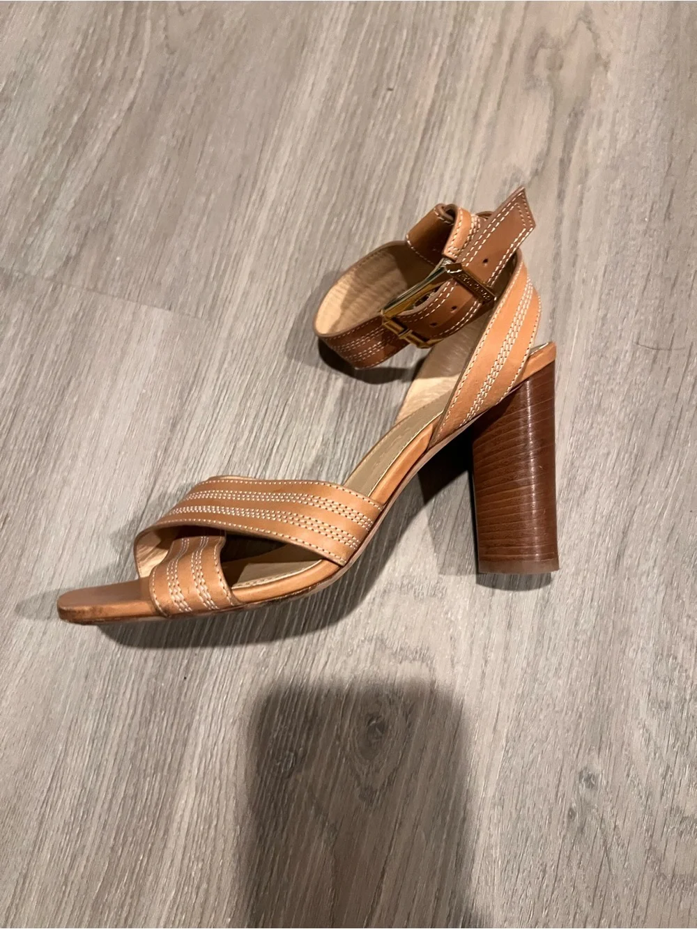 Veronica Beard Tan Leather Ankle-Strap Block Heels